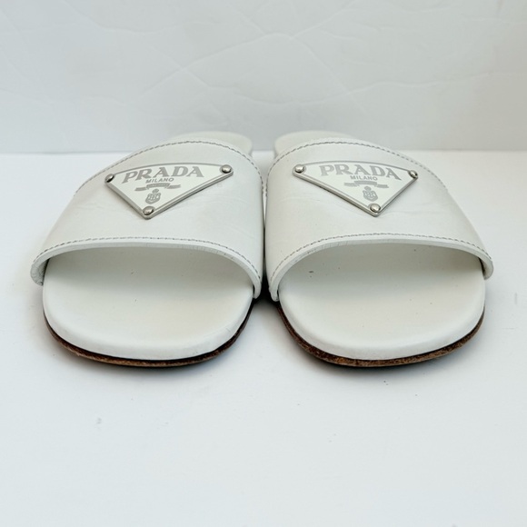 Prada white leather Triangle logo embellished open toe flat slide sandals 37 - Picture 3 of 10